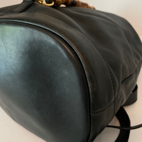 Gucci Black Leather Backpack Vintage Side Bamboo Handle Drawstring - Picture 10 of 16